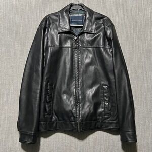 Tommy Hilfiger Mens Faux Leather Bomber Jacket Black Plaid Lined Full Zip Large